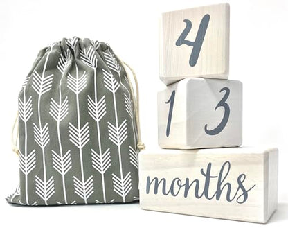 Pondering Pine Baby Milestone Blocks - Natural White Stain Pine Wood with Weeks Months Years Grade - Milestones Age Block Set with Bag, Newborn Weekly Monthly First Year Picture Props, Earth Friendly - color: White, size: 3 Piece