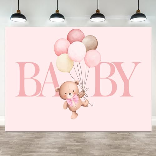 5x4ft Baby Backdrop Pink Bear with Balloons for Baby Shower Newborn Photoshoot 1st Birthday Party Decoration Photo Booth Prop for Girls Watercolor Style Background for Cake Table Decoration - color: Color 10, size: 5x4ft