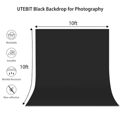 UTEBIT Black Backdrop 10x10FT, Black Photo Backdrops for Photoshoot, Chromakey Polyester Fabric Pure Black Photo Backdrop Curtain for Portrait Photoshoot Party Photography Video (Backdrop Only) - size: 10x10ft