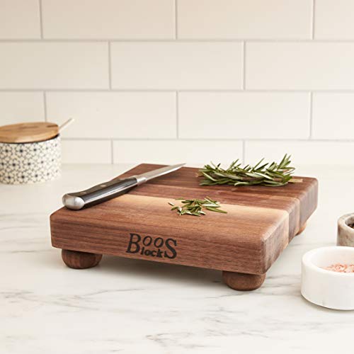 John Boos B Series Square Wooden Walnut Cutting Board 9”x9” – 1.5” Thick, 3-lb Non-Reversible Butcher Block with Wood Bun Feet & Edge-Grain - color: Walnut with Wood Feet, size: 9"L x 9"W