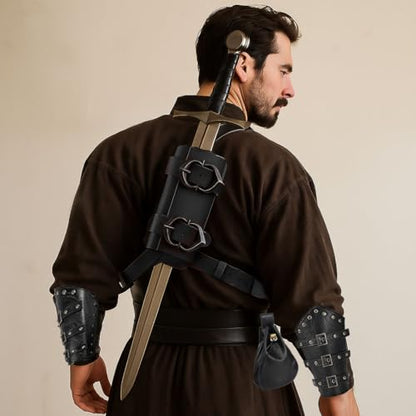 Medieval Back Sword Frog Holder Bracers Belt and Belt Pouch Viking Warrior Costume Renaissance Accessory Cosplay Props - color: Black