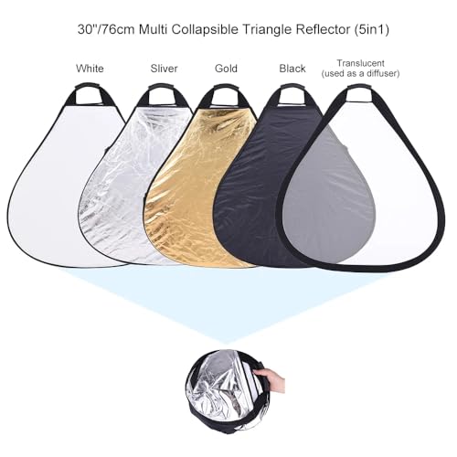 REFLEX CAMERA 5-in-1 Triangle Photography Reflector 12" | Gold Silver White Transparent Black | Single-Hand Grip | Portable Durable Light Reflector with Carrying Case (30cm) - size: 30cm (11.8in)