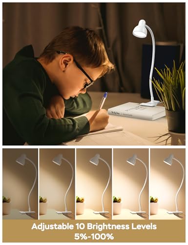 LiFMIRA Clip on Lamp USB Reading Light, 3 Color Modes, 10 Brightness Dimmable, Flexible Gooseneck Desk Lamp with Clamp, Eye Care Clip on Light for Bed Desk Headboard Home Dorm White - color: White