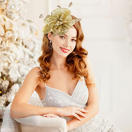 Fascinators Hats with Gloves Set for Women 20s 50s Cocktail Tea Party Wedding Costume Headwear - color: A-yellow