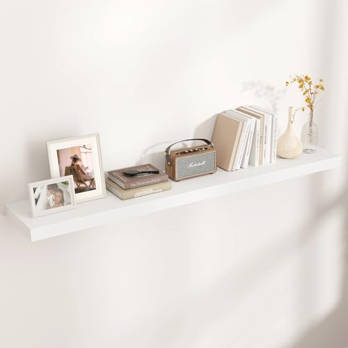 Venusmiles Floating Shelves for Wall, Engineered Wood Wall Shelves with Invisible Brackets for Living Room Bedroom Bathroom Office Kitchen Decor and Storage (White, 55" W x 9" D x 1.5" H) Set of 1 - color: Matte White, size: 55"W, Set of 1