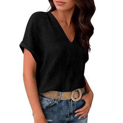 Womens Shirts Cotton Linen v Neck Short Sleeve Blouses Casual Loose Fit Textured Summer Pullovers Daily Wear - color: A02-black, size: X-Large