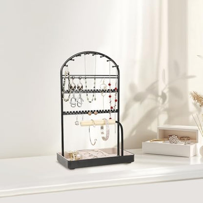 Saydear Multi-Functional Jewelry Holder Organizer Necklace Display Stand Velvet Lined Bar for Rings 2 Tier with 18 Hooks, 32 Earring Holes - Sturdy and Durable, Easy Organization Black - color: Black V1.0