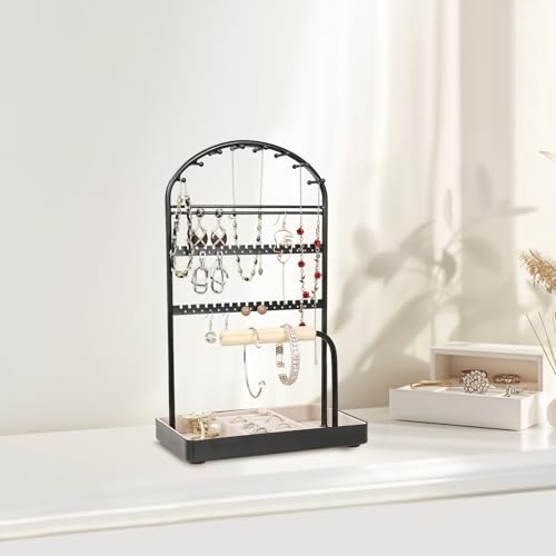 Saydear Multi-Functional Jewelry Holder Organizer Necklace Display Stand Velvet Lined Bar for Rings 2 Tier with 18 Hooks, 32 Earring Holes - Sturdy and Durable, Easy Organization Black - color: Black V1.0