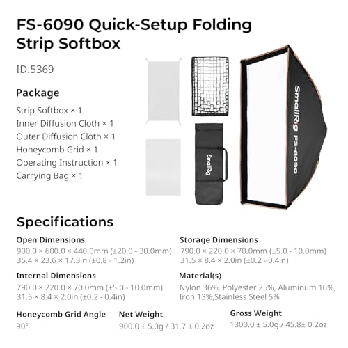 SMALLRIG 24'' x 35" Quick Release Softbox Bowens FS-6090 with Diffuser/Honeycomb Grid/Bag, Softbox Compatible with SmallRig RC 220 pro, for Bowens Mount COB Lights, for Godox for Neewer -5369 - size: 24"x35"
