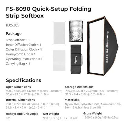 SMALLRIG 24'' x 35" Quick Release Softbox Bowens FS-6090 with Diffuser/Honeycomb Grid/Bag, Softbox Compatible with SmallRig RC 220 pro, for Bowens Mount COB Lights, for Godox for Neewer -5369 - size: 24"x35"