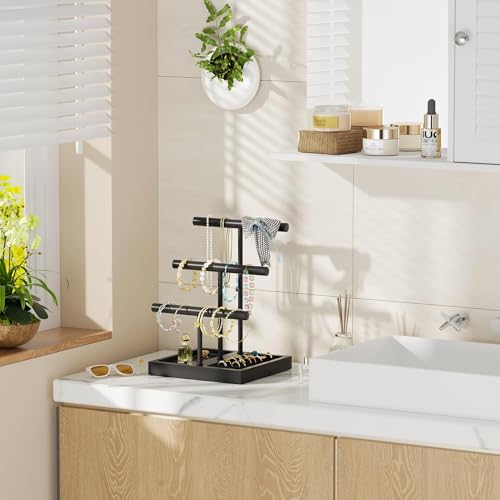 SZQINJI Bracelet Holder Display Organizer Stand, Necklace Holder Jewelry Holder Stand, Solid Wood Base with 3 Tier Metal T-bar for Bracelet Necklace Scrunchie Wristband Bangle Watch Ring, Black - size: 3 Tier