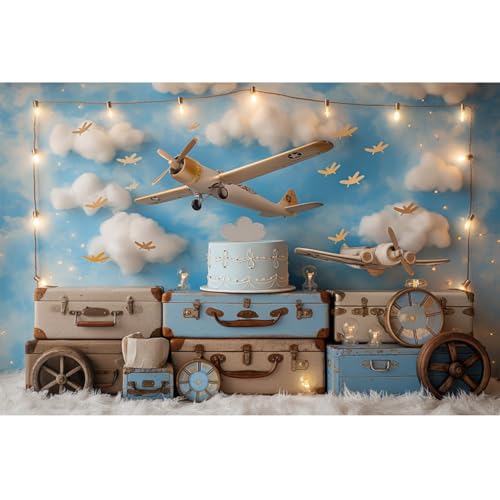 YongFoto Travel Adventure Aircraft Backdrop 5x3ft Cute Clouds Sky Airplane Photography Background Adventure Awaits Baby Shower Boy 1st 2nd Birthday Party Banner Kids Portraits Photoshoot Wallpaper - color: Style 7, size: 5ftx3ft