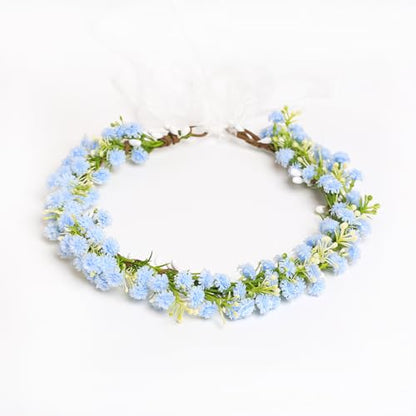 Babys Breath Flower Headband with Green Leaf Bohemian Floral Headpiece Hair Wreath for Women Wedding Accessorie
