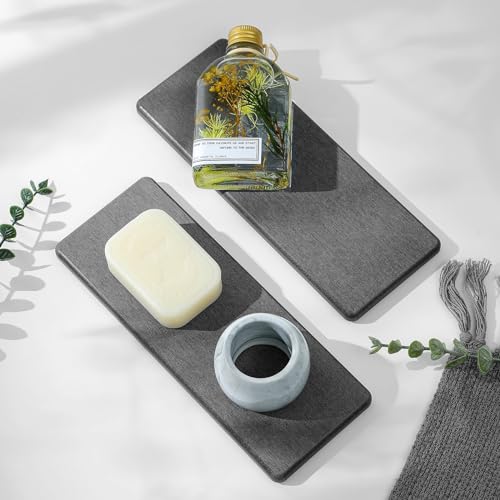 Razborci 2PCS Bathroom Trays, Water Absorbing Diatomite Stone Quick Drying Mat for Kitchen Counter, Dish Rack Soap Dispenser Sponge Holder Caddy Sink Vanity Organizer, Dark Gray Slate,9"x3.5" - color: 2 Pack - Charcoal Gray, size: 9" X 3.5"