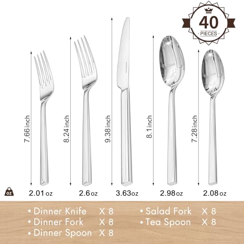 KINGSTONE Silverware Set, 40-Piece Flatware Cutlery Set Premium Stainless Steel, Service for 8, for Kitchen, Home, Wedding, Party, Mirror Polished and Dishwasher Safe - size: 40-piece