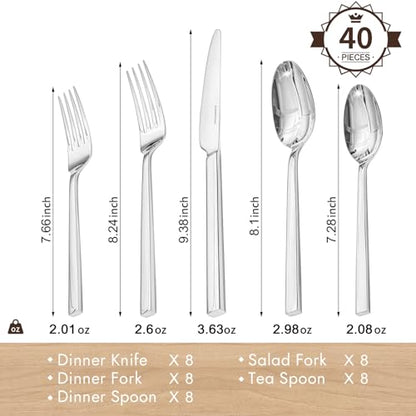 KINGSTONE Silverware Set, 40-Piece Flatware Cutlery Set Premium Stainless Steel, Service for 8, for Kitchen, Home, Wedding, Party, Mirror Polished and Dishwasher Safe - size: 40-piece