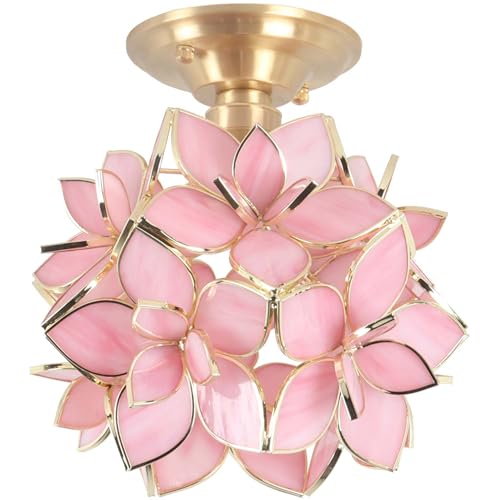 Bieye L10923 Flower Petals Tiffany Style Stained Glass Close to Ceiling Light for Home Decor (Pink, 8" Rose Lily) - color: Pink, size: 8" Rose Lily