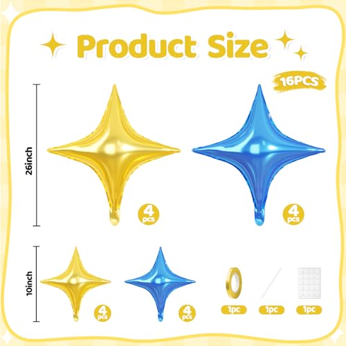 Blue Gold Star Balloons, 16 PCS Blue Four Angle Star Foil Balloons, 26 Inch and 10 Inch Gold Stars Shaped Balloon for Graduation Birthday Baby Shower Anniversary Wedding Engagement Party Decorations - color: Blue Gold