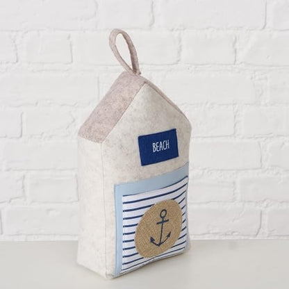 Coastal Cabana Soft Door Stops, Jute, Cotton, Loop Tops, Weighted, 11.75 Inches, House Shaped with Anchor and Lifesaver Fabric Embellishments - color: Coastal Cabana Soft Door Stops, Blue and Beige