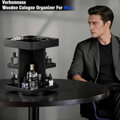 3-Tier Rotating Cologne Organizer for Men, Large-Capacity Wooden Perfume Display Stand for Desk & Nightstand, Rounded Corner Design, Birthday Gift for Men (Black)