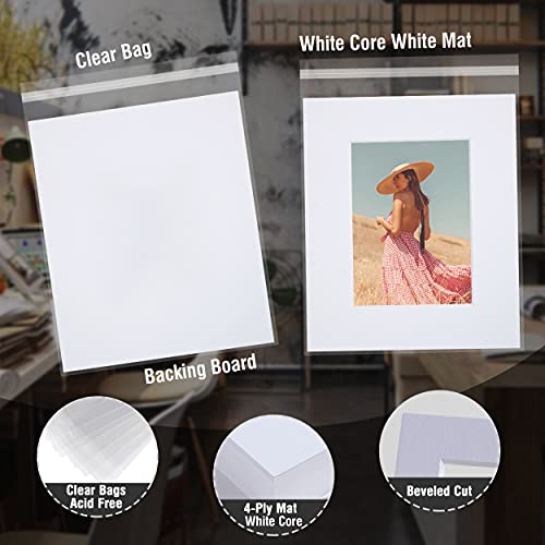 Acid Free 5 Pack 11x14 Pre-Cut Mat Board Show Kit for 8x10 Photos, Prints or Artworks, 5 Core Bevel Cut Matts and 5 Backing Boards and 5 Crystal Plastic Bags, White - size: 11x14-5 Pack