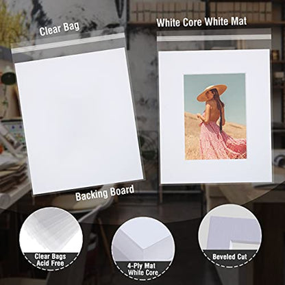 Acid Free 5 Pack 11x14 Pre-Cut Mat Board Show Kit for 8x10 Photos, Prints or Artworks, 5 Core Bevel Cut Matts and 5 Backing Boards and 5 Crystal Plastic Bags, White - size: 11x14-5 Pack