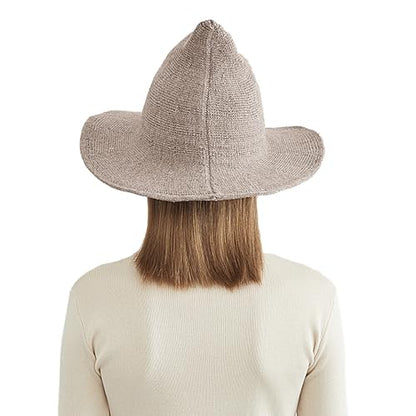 Halloween Witch Hat for Women Wide Brim Foldable Wizard Hat Wool Knit Pointed Cap Cosplay Costume Accessory - color: Khaki