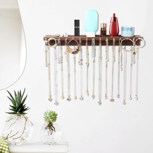 YYILIS Necklace Holder, Upgraded Extra Large Wall Necklace Organizer with 30 Hooks Wall Mounted Necklace Hanger with Jewelry Tray/Cosmetics Shelf Rustic Pine Wood Holder (Walnut) - color: Walnut