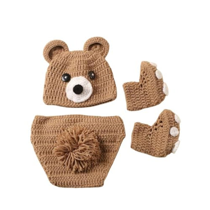 Newborn Baby Photo Shoot Props Girl Boy Crochet Knit Hat Costume Stripe Hat Pants Overalls Photography Props - color: Khaki