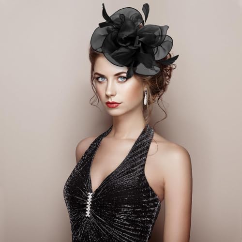 Fascinators Hats with Gloves Set for Women 20s 50s Cocktail Tea Party Wedding Costume Headwear - color: 03-black