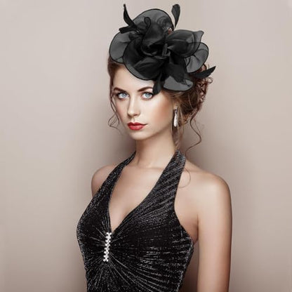 Fascinators Hats with Gloves Set for Women 20s 50s Cocktail Tea Party Wedding Costume Headwear - color: 03-black