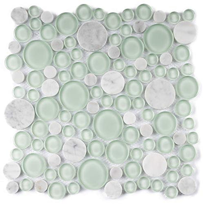 Tenedos Bubbles Snow Dove Glass and White Marble Mosaic Tile, Frosted & Polished Finish, 10.5"x10.5" Mesh Mounted for Wall, Backsplash & Bathroom Use
