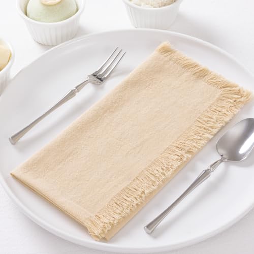 DeZerlor 12 Pack Champagne Cotton Linen Napkins with Fringe Summer Cloth Napkins Set of 12 Boho Handmade Dinner Napkins Bulk for Wedding Bridal Baby Shower Parties, 17 x 17 Inches - color: Beige, size: 17" x 17" (Set of 12)