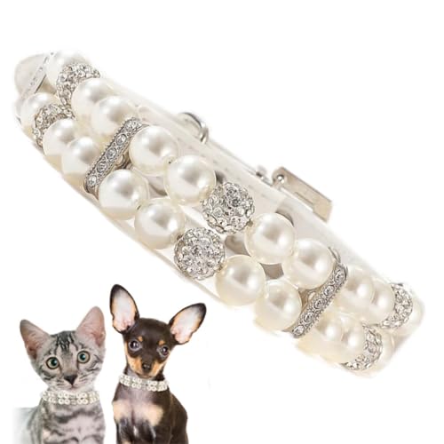 Luxury Pearl Cat Collars for Girl Cats, Fancy Bling Crystal & Pearl Kitten Collar, Rhinestone Beaded Puppy Necklace Diamond Jewelry for XXS XS Small Female Pet Dogs, White XXSmall - color: White, size: XXS(Neck 6-8")Tag XS