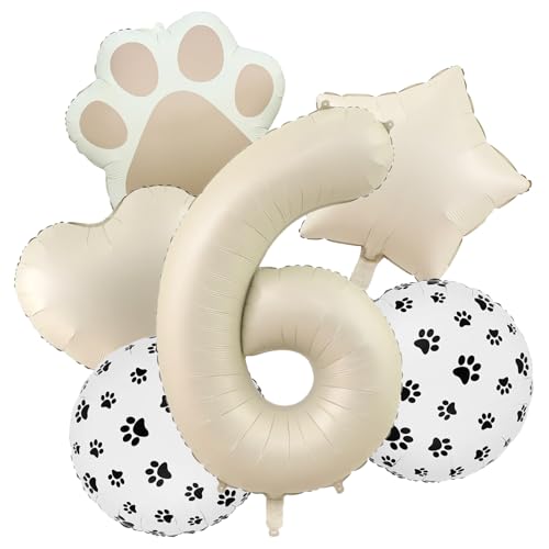 6th Birthday Dog Paw Balloons Set,18'' Paw Prints, Heart,Star,Paw Shaped Foil Balloon 40 Inch Cream Number 6 Helium balloons for Puppy Themed Third Anniversary Birthday Party Decorations Supplies 6PCS - color: Cream-6