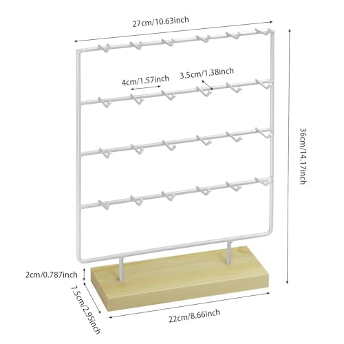 Earring Display Stand for Selling, 4 Tier Wooden Base Earring Rack Tower Display Holder Stand (24 Hooks, White) - color: White