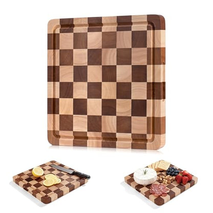 WILLKOMMEN Checkered Cutting Board for Kitchen– Wood Checkerboard End Grain Chopping Board 1" Thick Wooden Butcher Block with Juice Groove & Handle, Reversible for Cooking and Serving (Square) - style: Square Checkerboard-1 pack
