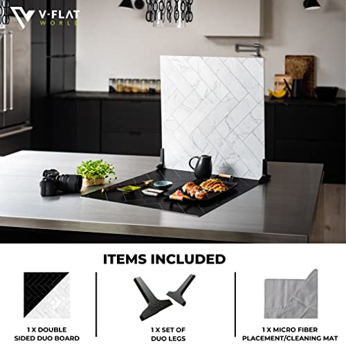 V-FLAT WORLD Duo Board Product Photography Backdrops - 2-Sided Background for Photograph, Item & Food Photography Background - Includes Legs & Mat - 24" x 24", Zigzag Marble White/Zigzag Marble Black - color: Zigzag Marble White/Zigzag Marble Black, size: