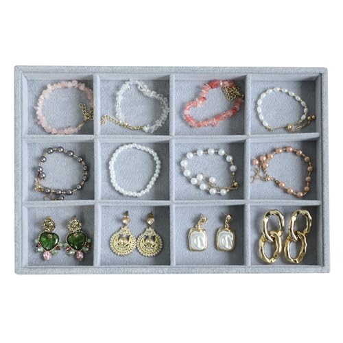 Wudygirl Velvet Stackable 12 Grid Jewelry Tray Display Jewelry Organizer Storage Rings Earrings Watch Necklace Bracelet Cufflinks Holder Showcase(12 Grid) - color: Gray 12 Grid, size: 1 Pcs