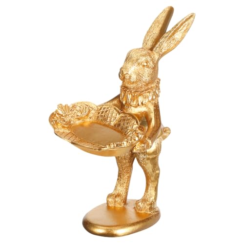 Garneck Gold Bunny Statue Decor: Retro Rabbit Figurine with Oval Plate Jewelry Trinket Dish Ring Tray for Earrings Necklace Bracelet Keys Desktop Nightstand Easter Home