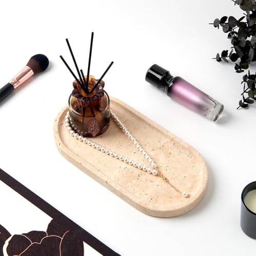 Light Beige Travertine Tray, 9.8"x4.9" Oval Marble Vanity Tray for Bathroom Counter, Catchall for Perfume, Jewelry, Cosmetics, Stone Organizer for Dresser & Home Decor - color: Oval-beige Travertine (9.8" X 4.9" X 0.7")