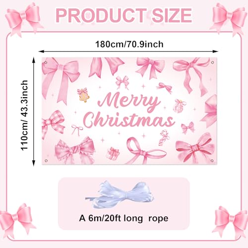 Pink Bow Christmas Backdrop Xmas Birthday Party Decorations Merry Christmas Photography Background Pink Bow Hanging Banner for Girls Women Birthday Bachelorette Party Supplies Photo Props 6x3.6 ft