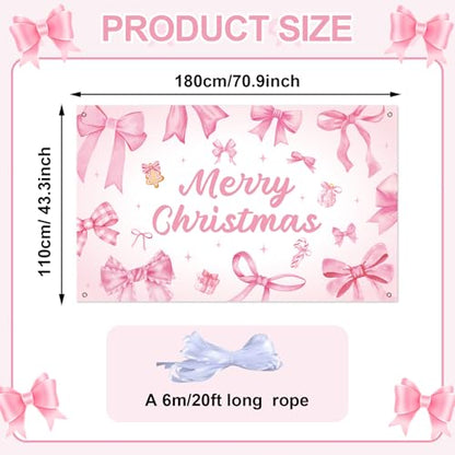 Pink Bow Christmas Backdrop Xmas Birthday Party Decorations Merry Christmas Photography Background Pink Bow Hanging Banner for Girls Women Birthday Bachelorette Party Supplies Photo Props 6x3.6 ft