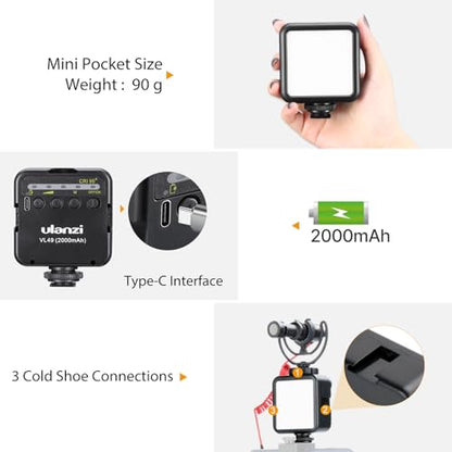 ULANZI VL49 2000mAh LED Video Light w 3 Cold Shoe, Rechargeable Soft Light Panel, Portable Photography Lighting for DJI OSMO Sony DSLR Canon Camera GoPro Vlogging - color: Black