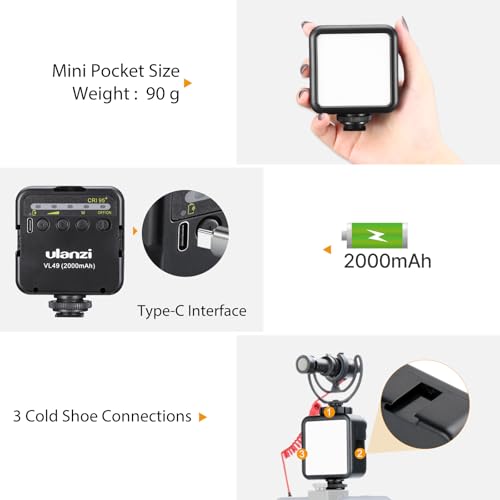 ULANZI VL49 2000mAh LED Video Light w 3 Cold Shoe, Rechargeable Soft Light Panel, Portable Photography Lighting for DJI OSMO Sony DSLR Canon Camera GoPro Vlogging - color: Black