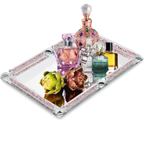 Large Glass Tray, Crystal Mirror Modern Jewelry Trinket Trays with Crushed Diamond, 15.7" x 11.8" Rectangular Makeup Perfume Tray for Bathroom Bedroom, Home Decor, Hotel Banquet, Party (Rose A) - color: Rose a