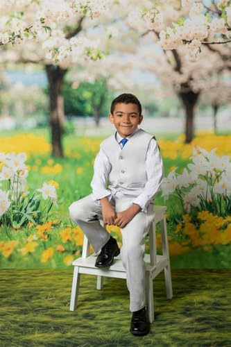 Kate Spring Backdrop White Sakura Green Grass Natural Scenery Forest Trees Season Holiday Photography Props, 10x8ft - size: 10x8ft