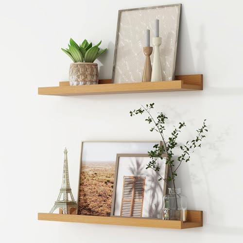 FLYJOE Picture Ledge Shelf, Floating Shelves Set of 2, 24 Inches Nursery Book Shelves for Toys Storage, Kids Bookshelf Wall Mounted for Living Room Bedroom Decor Books Photo Frames, Natural Oak - color: Natural Oak, size: 24'', Set of 2