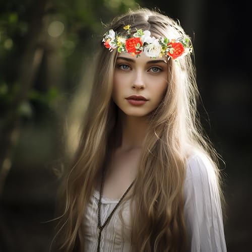 Women Flower Crown Bride Flower Headband Floral Halo Floral Crown Wedding Bridal Party Cosplay Halloween Photos - color: red and white