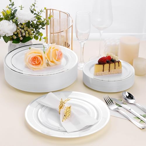 BESTSTAR 7 Inch White Plastic Plates,100PCS Disposable Dessert/Appetizer/Small Cake Plates with Silver Rim,Heavy Duty Plate Ideal for Wedding and Birthday - color: White Silver, size: 7 inch